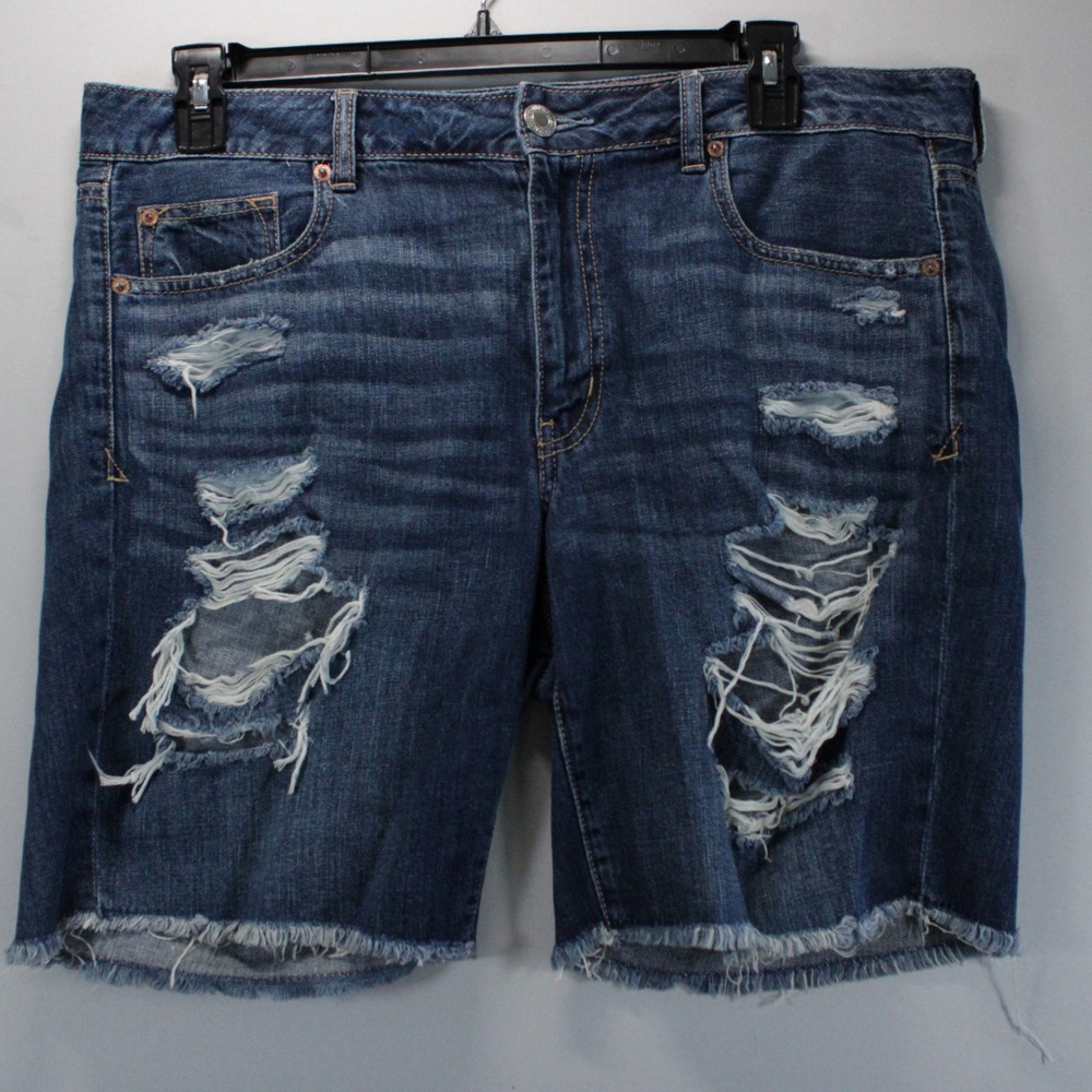 American Eagle Outfitters Distressed Denim Shorts Dark Wash Raw Hem Womens 14